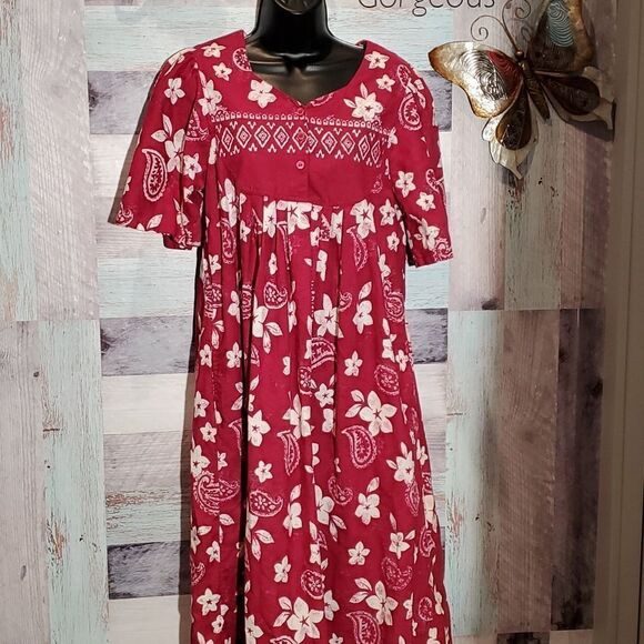 Desert Jems Maroon & White Hawaiian Print Floral Duster Sz S 823 - Picture 1 of 7